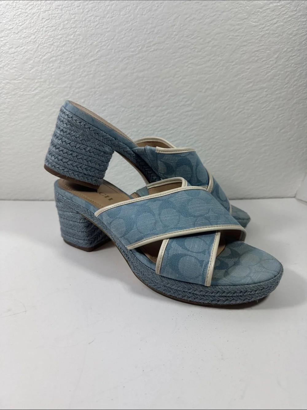 Coach Sloan Light Blue Cross-Strap Wedge Espadrille Sandals